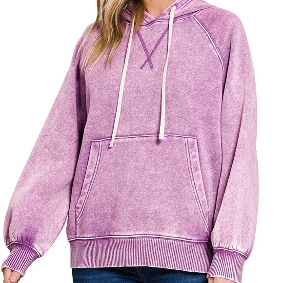 Zenana Outfitters Tops - NEW💜Zenana Acid Washed Hoodie with Kangaroo Pocket Small Violet